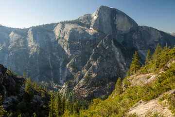 View of Half Dome and Granite Cliffs from Snow Creek Trail in Yosemite
