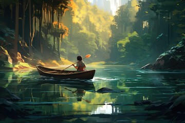boy rowing a boat in a river through the forest, digital art style, illustration painting - obrazy, fototapety, plakaty