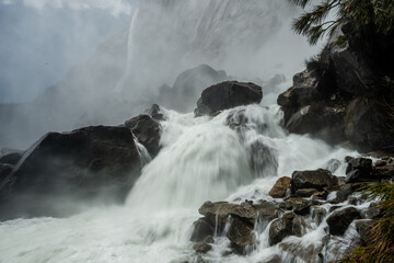 Water Pours Over Rocks at Base of Wapama Falls