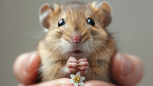  An image of a person's hand clutching a small rodent with a flower in its mouth, providing a clear close-up