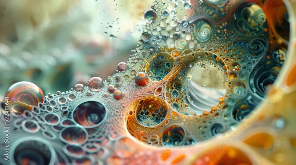 Poster a colorful swirl of bubbles with a yellow center. the bubbles are all different sizes and colors, cr