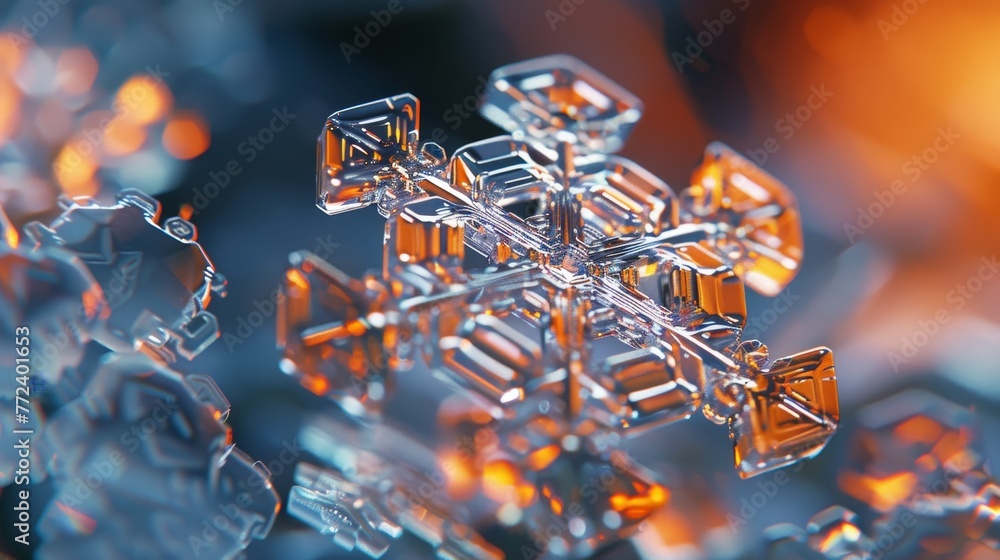Poster a snowflake is shown in a close up, with the light reflecting off of it. the image has a dreamy, eth