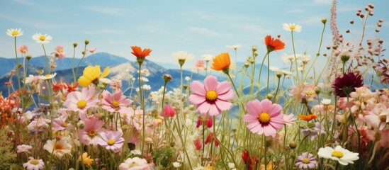 Field of flowers with mountain backdrop in natural landscape