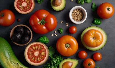 Fototapeta premium Table with different fruits and vegetables, tomatoes, avocado, salads