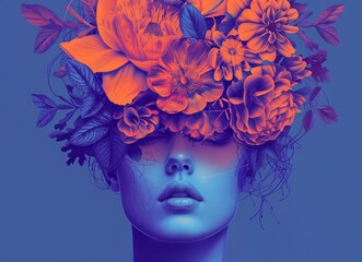 Mental health illustrations , happiness, harmony creative abstract concept. self care idea. Happy woman head with flowers inside. Mindfulness, positive thinking