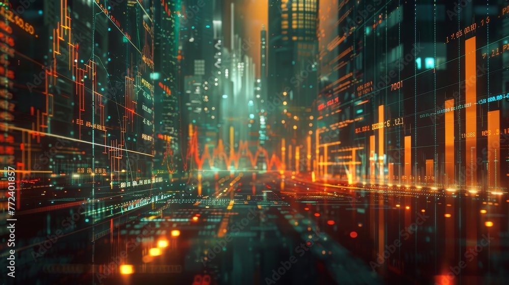 Poster a cityscape with a lot of lines and numbers. the city is lit up with bright colors and the numbers a