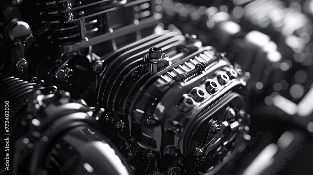 Poster detailed monochrome image focusing on the metallic textures and elements of an engine block with con