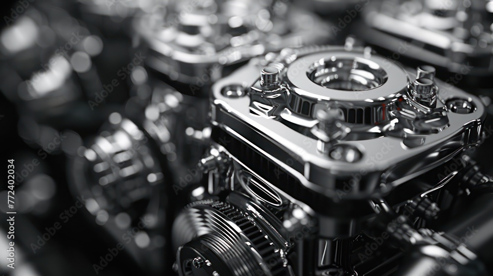 Poster a detailed close-up of metallic engine components showcasing their complexity and precision perfect 