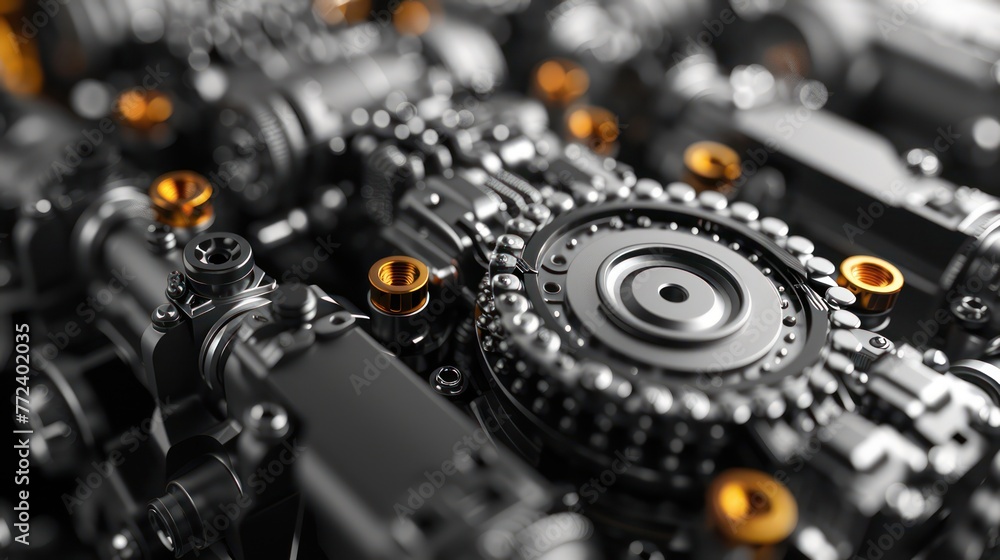 Poster this image showcases a macro view of a complex machine engine featuring immaculately engineered meta