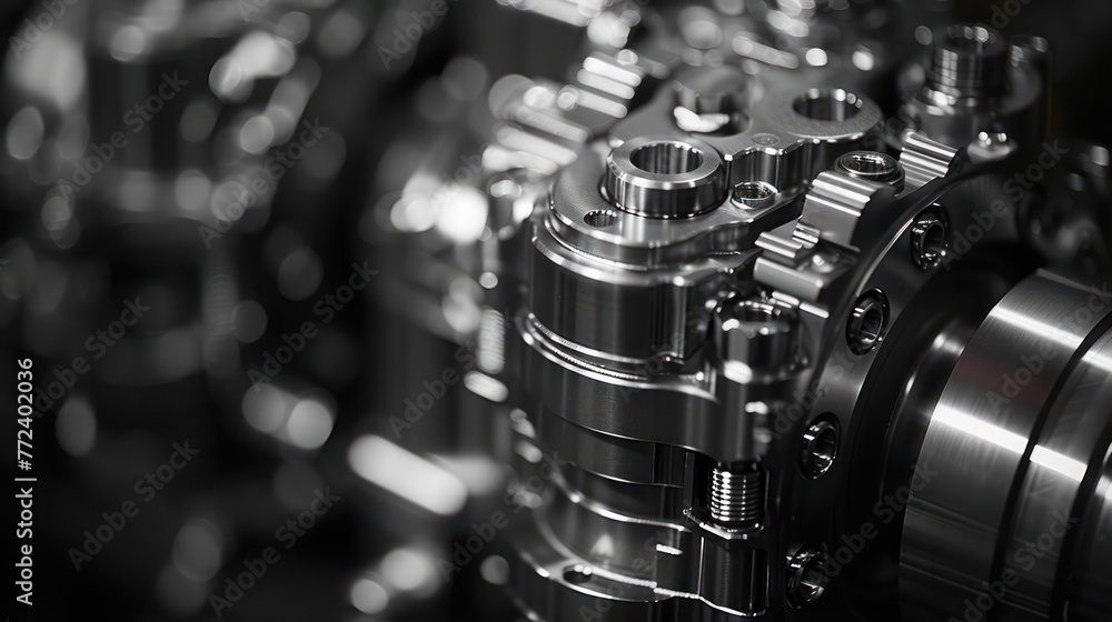 Poster this image showcases finely crafted mechanical components with shiny surfaces reflecting light, high