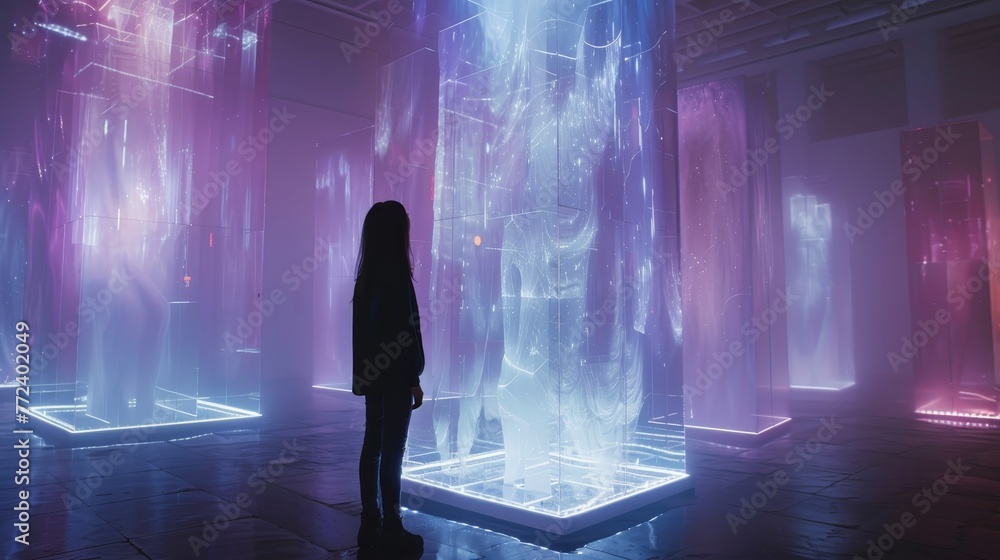 Poster a girl stands in front of a large, glowing structure. the structure is surrounded by other similar s