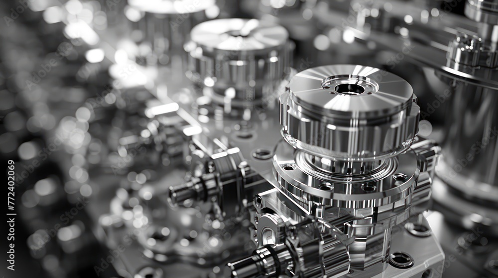 Poster this image showcases an intricate assembly of shiny metallic machine gears and components with a foc