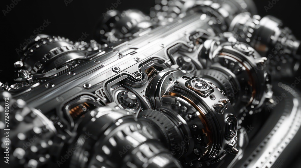 Poster detailed close-up of a modern, high-precision engine showcasing intricate mechanical parts with a mo