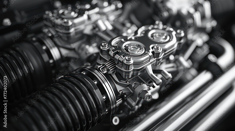 Poster detailed capture focusing on the intricate design and engineering of contemporary vehicle motor part