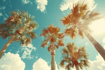 low angle view of exotic palm tree against blue sky, spring, summer background - Powered by Adobe