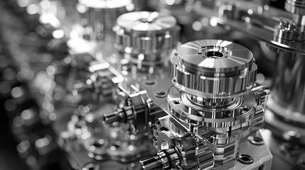 This image showcases an intricate assembly of shiny metallic machine gears and components with a focus on precision engineering and industrial design - obrazy, fototapety, plakaty