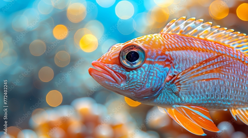 Poster  A sharp close-up of a vibrant blue and orange fish with clear bokeh lighting behind it and a focused background