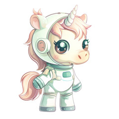 Whimsical unicorn astronaut illustration with a unicorn's head, exploring celestial wonders.