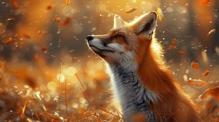  A sharp photo of a fox amidst rustling leaves and grass