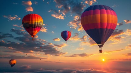 A group of hot air balloons are flying in the sky at sunset. The sky is filled with clouds and the sun is setting, creating a beautiful and serene atmosphere