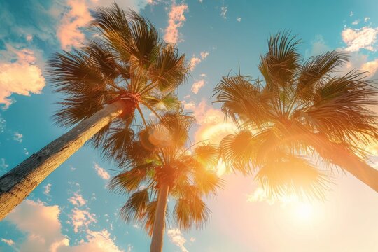 low angle view of exotic palm tree against blue sky, spring, summer background