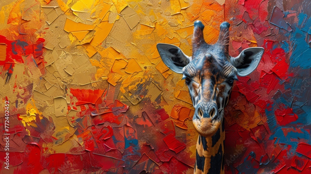 Poster a high resolution image of a close-up giraffe's head with vividly colored background painted with ac