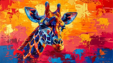  A painting of a giraffe's head against a red-yellow-blue-orange gradient background