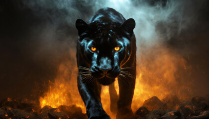 Black panther with fiery eyes walking through fire smoke on dark background and dramatic light with fog around