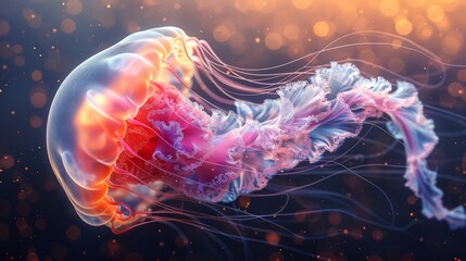  Close-up photo of a jellyfish in a clear, bright water with a hazy background light - obrazy, fototapety, plakaty