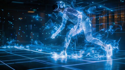 A man in a blue suit is running through a field of blue lights. The lights are swirling around him, creating a sense of motion and energy. The scene is futuristic and otherworldly