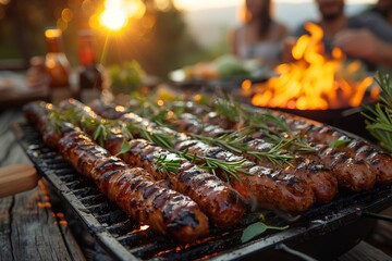 Sausages baking on the grill, with people in background.