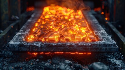 Scrap metal being melted down in a furnace, ready to be transformed into new pro - obrazy, fototapety, plakaty