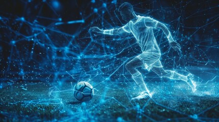 A soccer player is kicking a ball in a field with a blue background. The image has a futuristic and digital feel to it, with the player - obrazy, fototapety, plakaty