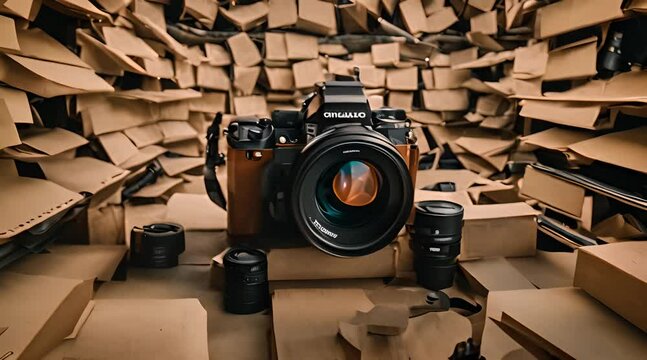 Artistic Chaos: Vintage Camera and Lenses Amidst a Sea of Scattered Papers