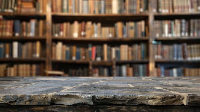 Stone table top with copy space. Bookshelves background