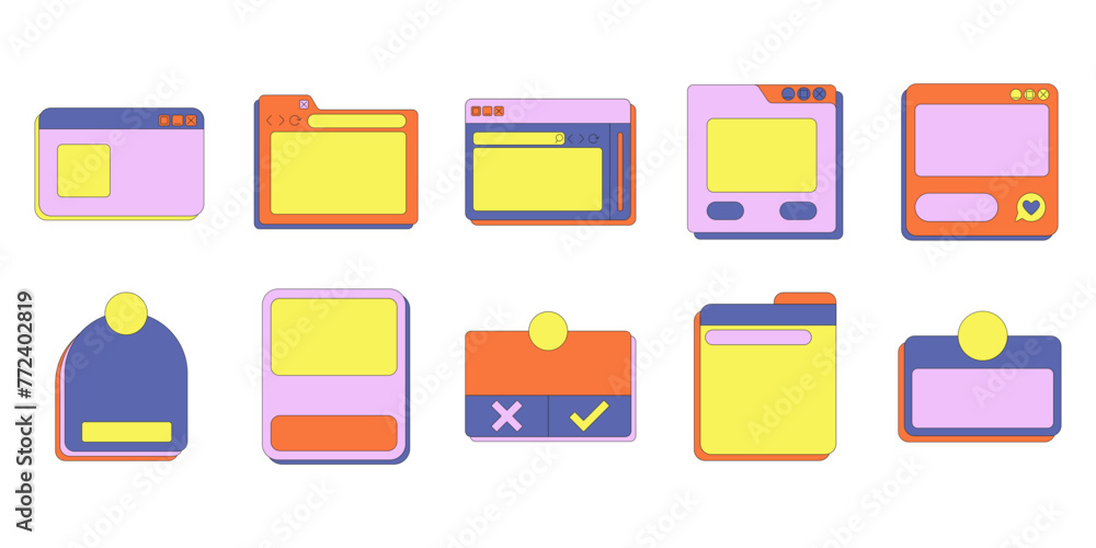 Fototapete set of retro user interface box frame. ui browser computer with retro bold style for 90s, y2k style.