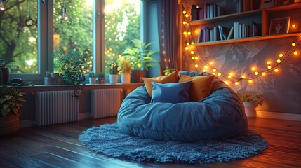 Detailed view of a cozy reading nook with a bean bag chair and fairy lights, providing a comfort - obrazy, fototapety, plakaty