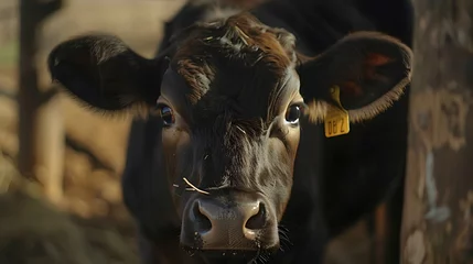Crédence de cuisine en verre imprimé Buffle Curious cow looking to the camera at cattle farm