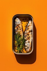 Grilled sardines with a sprig of rosemary in oil, canned seafood