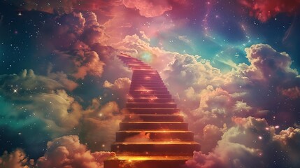 Stairs leading to the sky surrounded by colorful vibrant clouds - obrazy, fototapety, plakaty