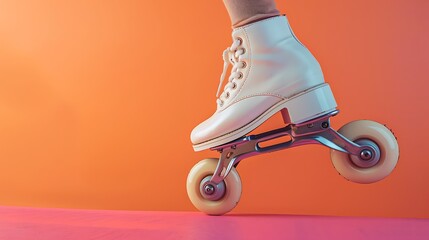 Classic white leather roller skate levitating on the pink and orange background
