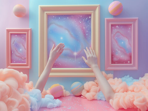 Hands delicately extending from retro-style picture frames touching the edge of a galaxy-themed backdrop