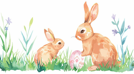 Watercolor Illustration Easter Rabbit and Easter Eg