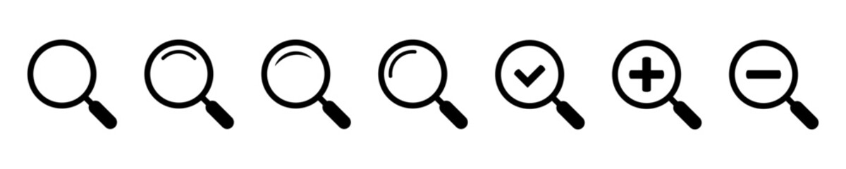 Magnifying glass simple icon collection. Search icon set, zoom in and zoom out icons. Magnifier or loupe with check mark sign. Vector illustration. - obrazy, fototapety, plakaty