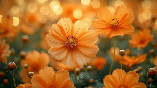  A photo captures an orange-flowered field bathed in sunlight, with clear images of the flowers and a faintly blurred backdrop of the blooms