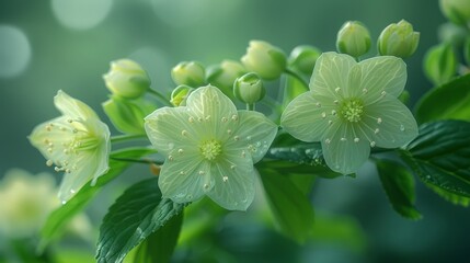  Close-up photo of several flowers with droplets on petals and leaves on stems - obrazy, fototapety, plakaty