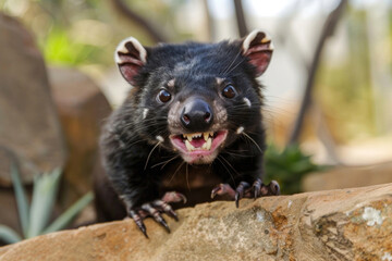 A derpy Tasmanian devil with a goofy expression and big, sharp teeth - obrazy, fototapety, plakaty