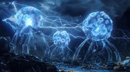 Surreal Atomic Dance of Ethereal Creatures Harnessing Nuclear Power in a Dream-like 3D Visual Seascape