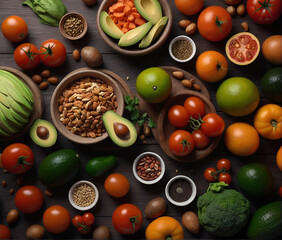 Table with different fruits and vegetables, tomatoes, avocado, salads