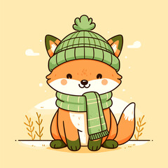 Fox with scarf and hat in winter